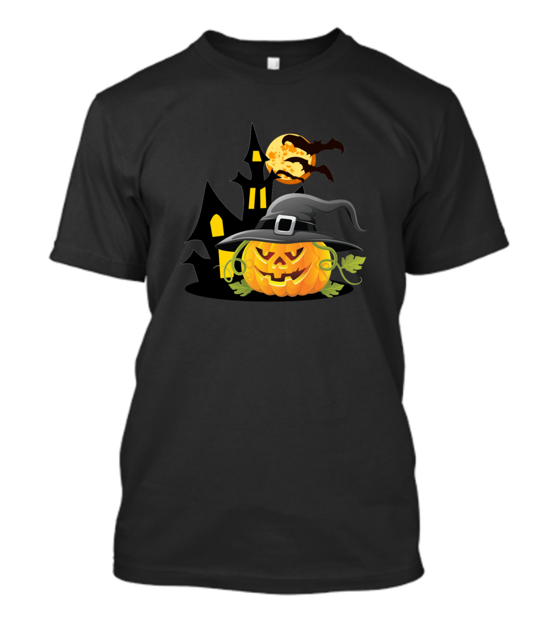 Halloween Pumpkin In Witch Hat With Spooky House And Moon T-Shirt