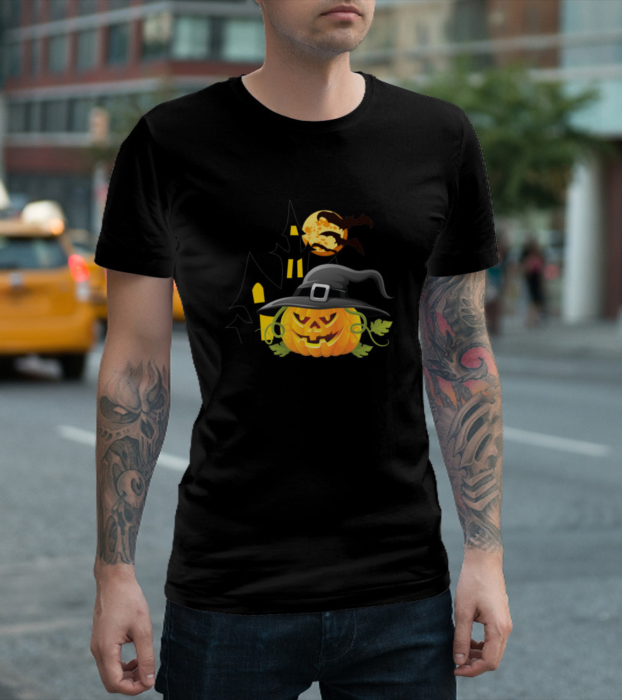 Halloween Pumpkin In Witch Hat With Spooky House And Moon T-Shirt