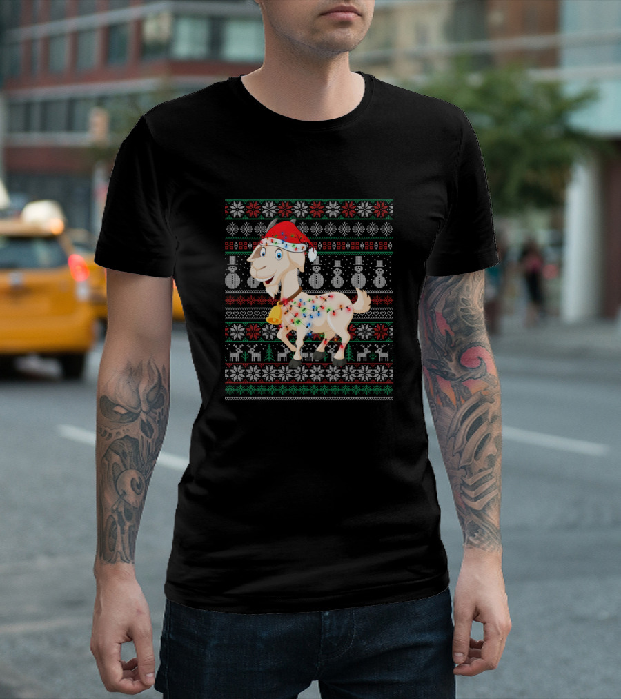 Goat Ugly Christmas Funny Xmas Lights Snowflakes Reindeer T-Shirt