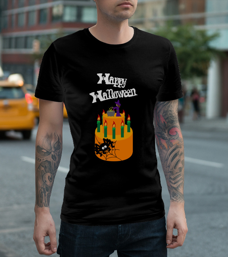 Happy Halloween Cake with Spider and Witch Hat T-Shirt