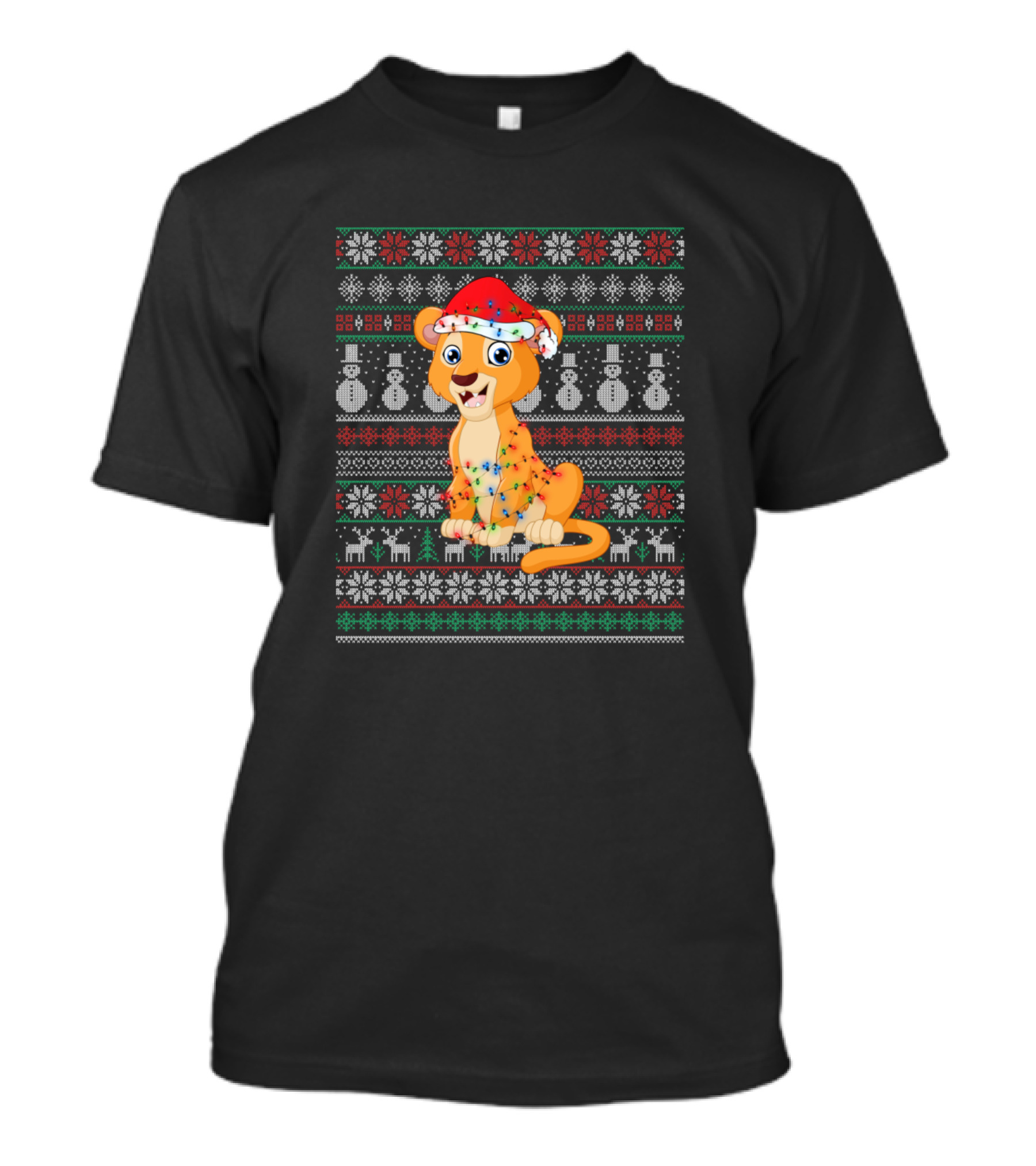 Lion Ugly Christmas Funny Xmas Lion Santa Hat Snowflakes Reindeer T-Shirt