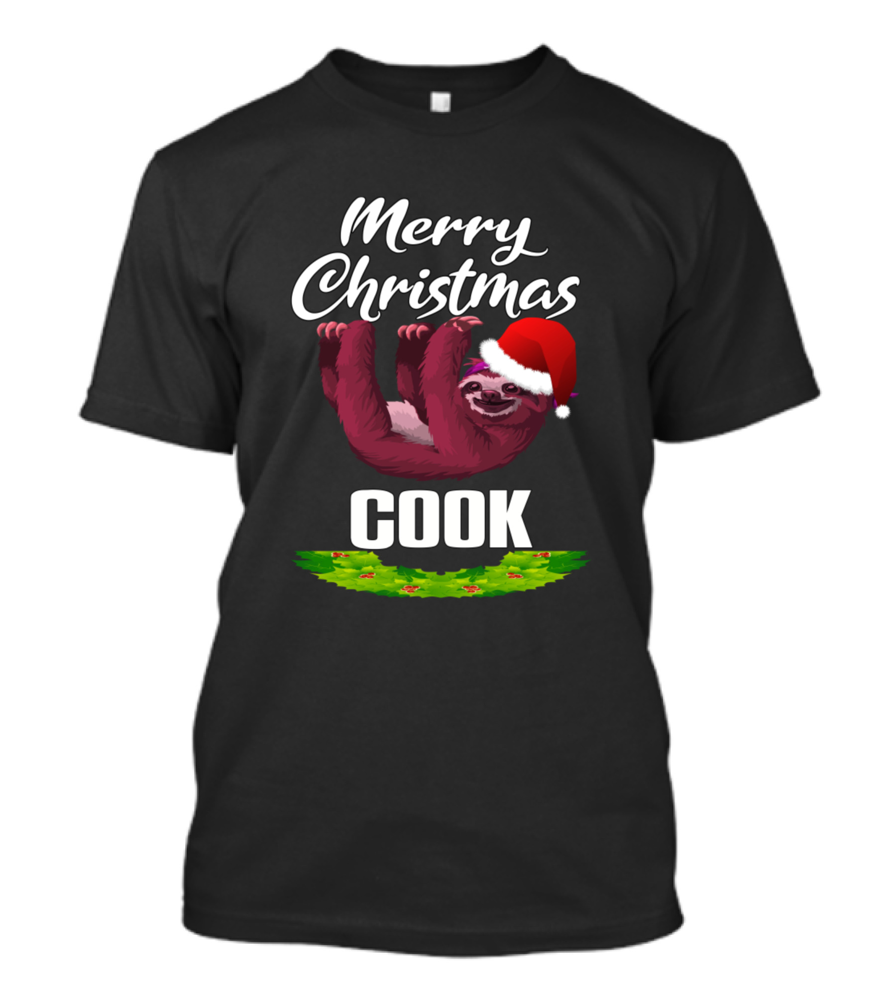Merry Christmas Cook Sloth In Santa Hat With Holly Wreath T-Shirt