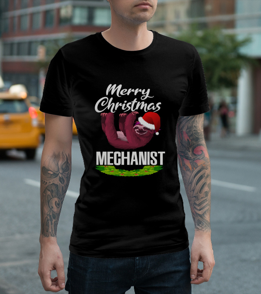 Merry Christmas Mechanist Sloth Santa Hat Holiday Wreath T-Shirt