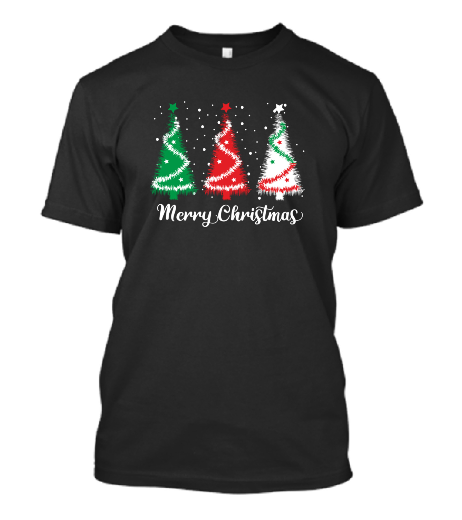 Merry Christmas Trees Snowfall Red Green Stars T-Shirt
