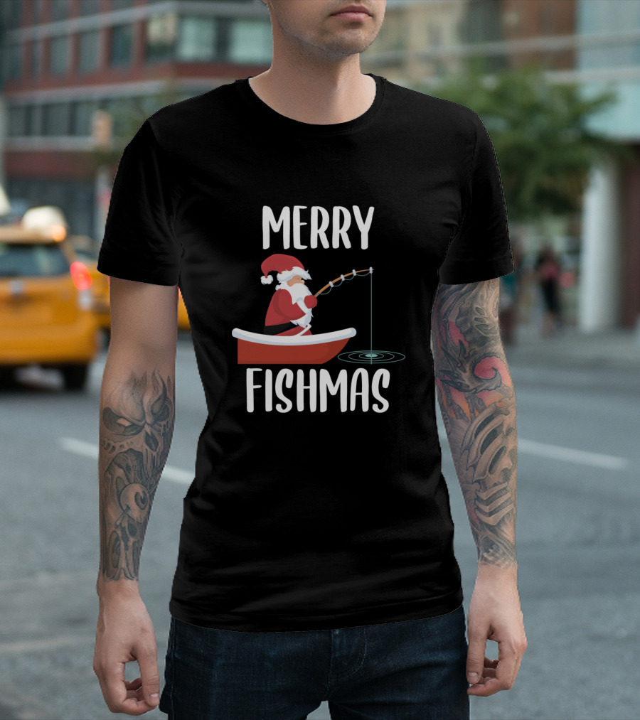 Merry Fishmas Santa Fishing in Boat T-Shirt