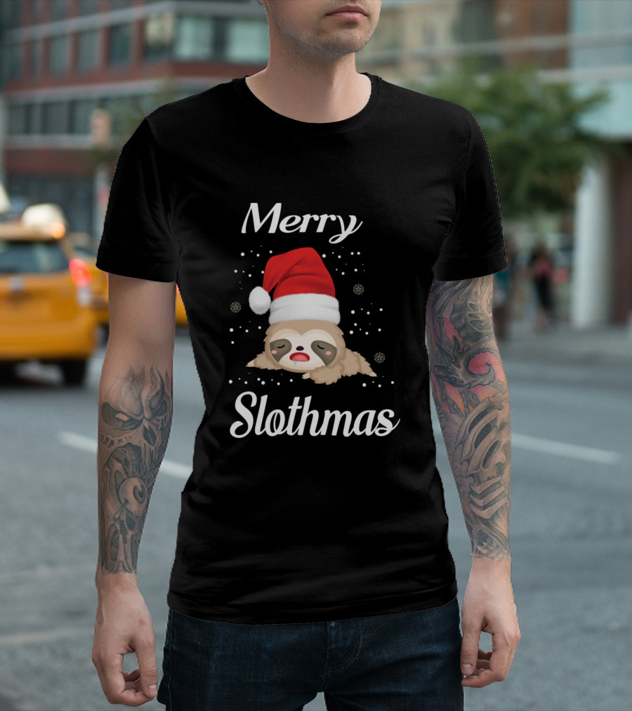Merry Slothmas Santa Hat Christmas Sloth Snowflakes T-Shirt