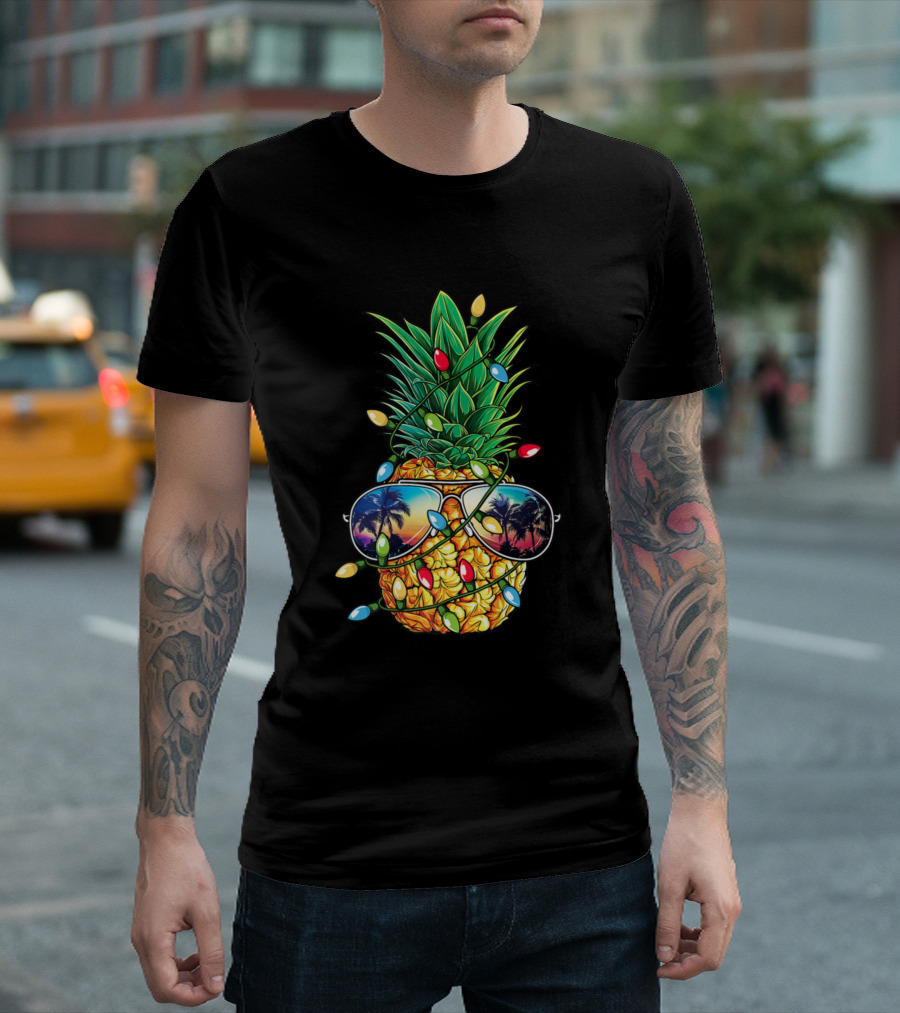 Pineapple Christmas Tree Lights With Sunglasses And Palm Reflection T-Shirt