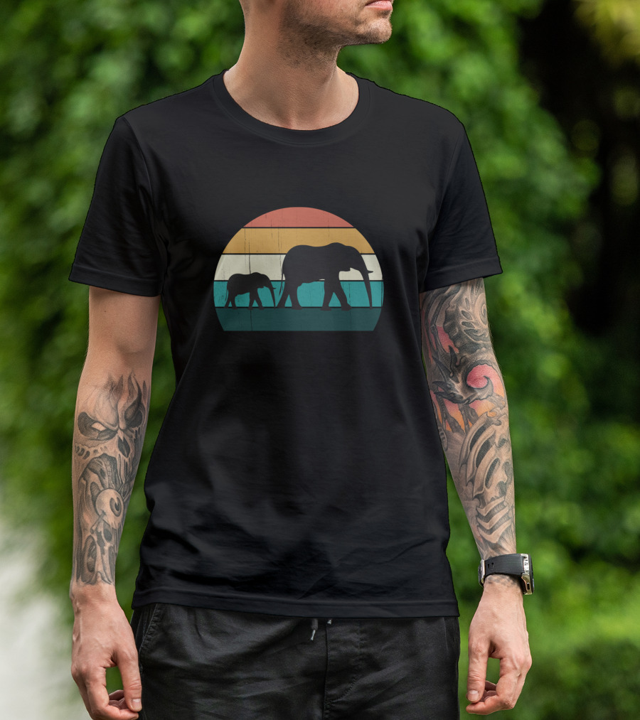 Retro Elephant And Baby Vintage Sunset African Landscape T-Shirt
