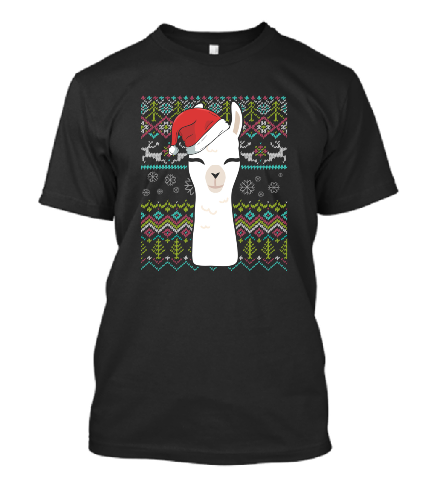 Ugly Christmas Llama Santa Hat Festive Reindeer Snowflakes T-Shirt