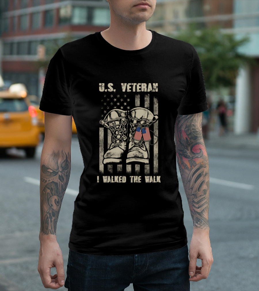 U.S. Veteran I Walked The Walk American Flag Boots Dog Tags T-Shirt