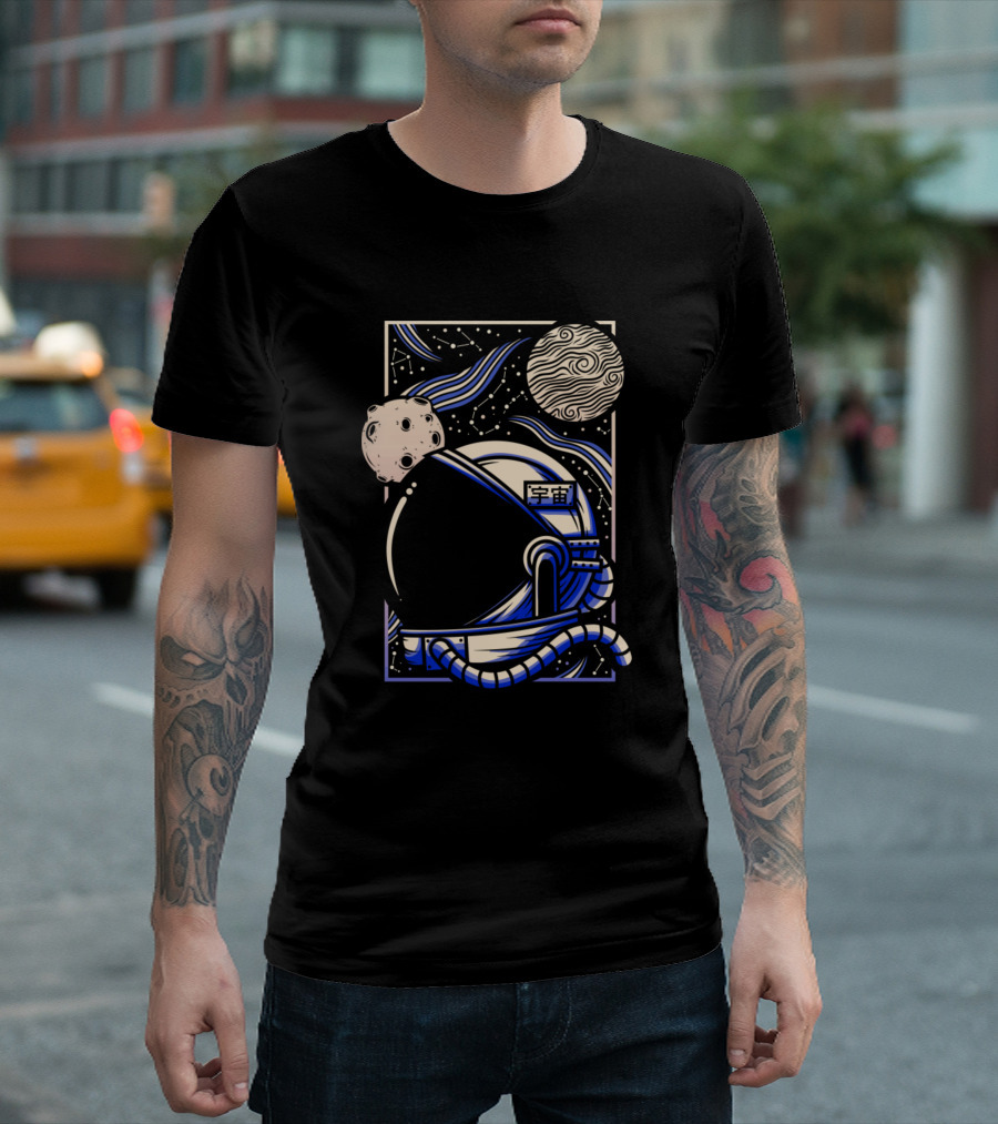 Aesthetic Synthwave Cool Astronaut Helmets Space Planets Japanese Text T-Shirt