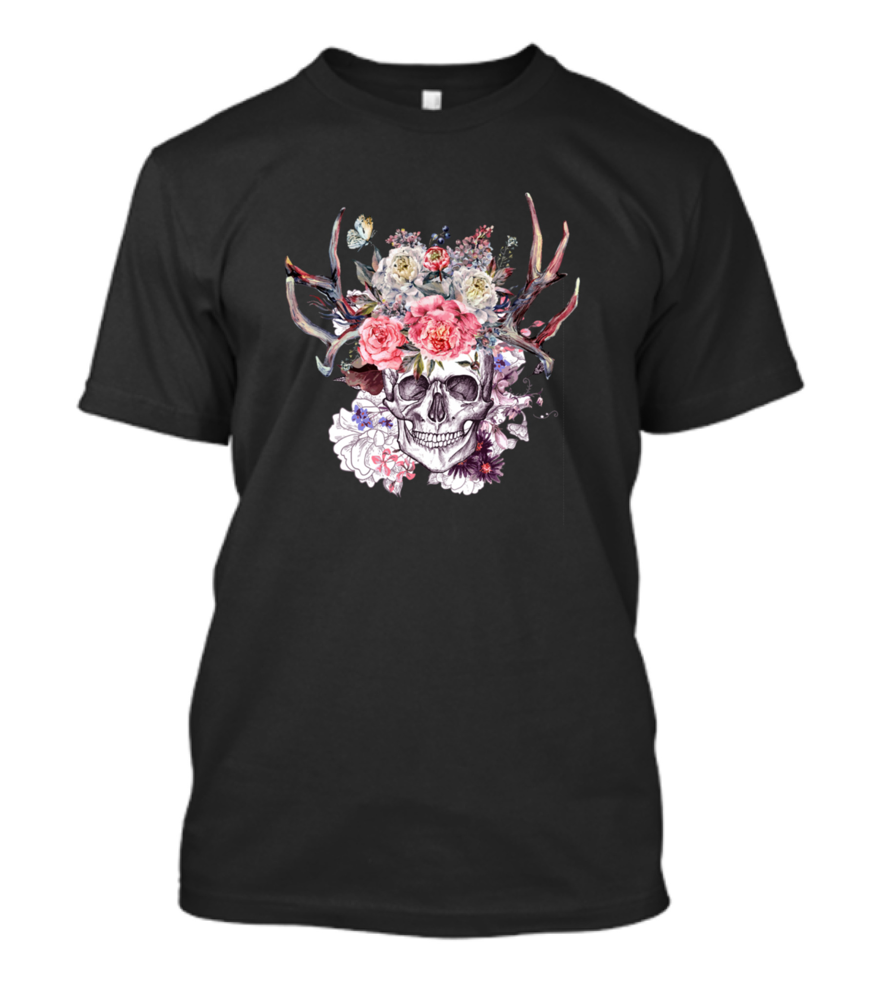 Beautifull The Flower On The Skull With Antlers And Butterfly T-Shirt