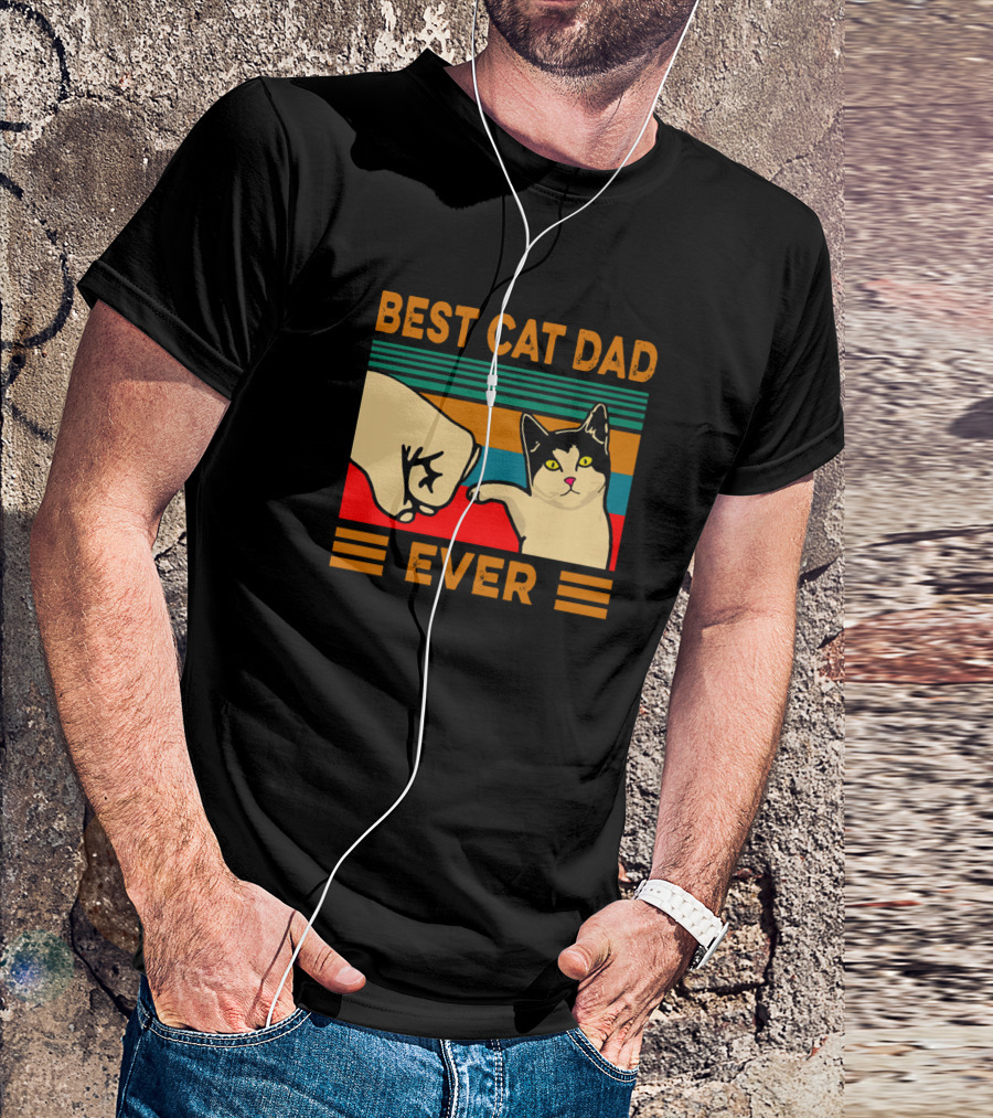 Best Cat Dad Fist Bump Ever Retro Stripes T-Shirt