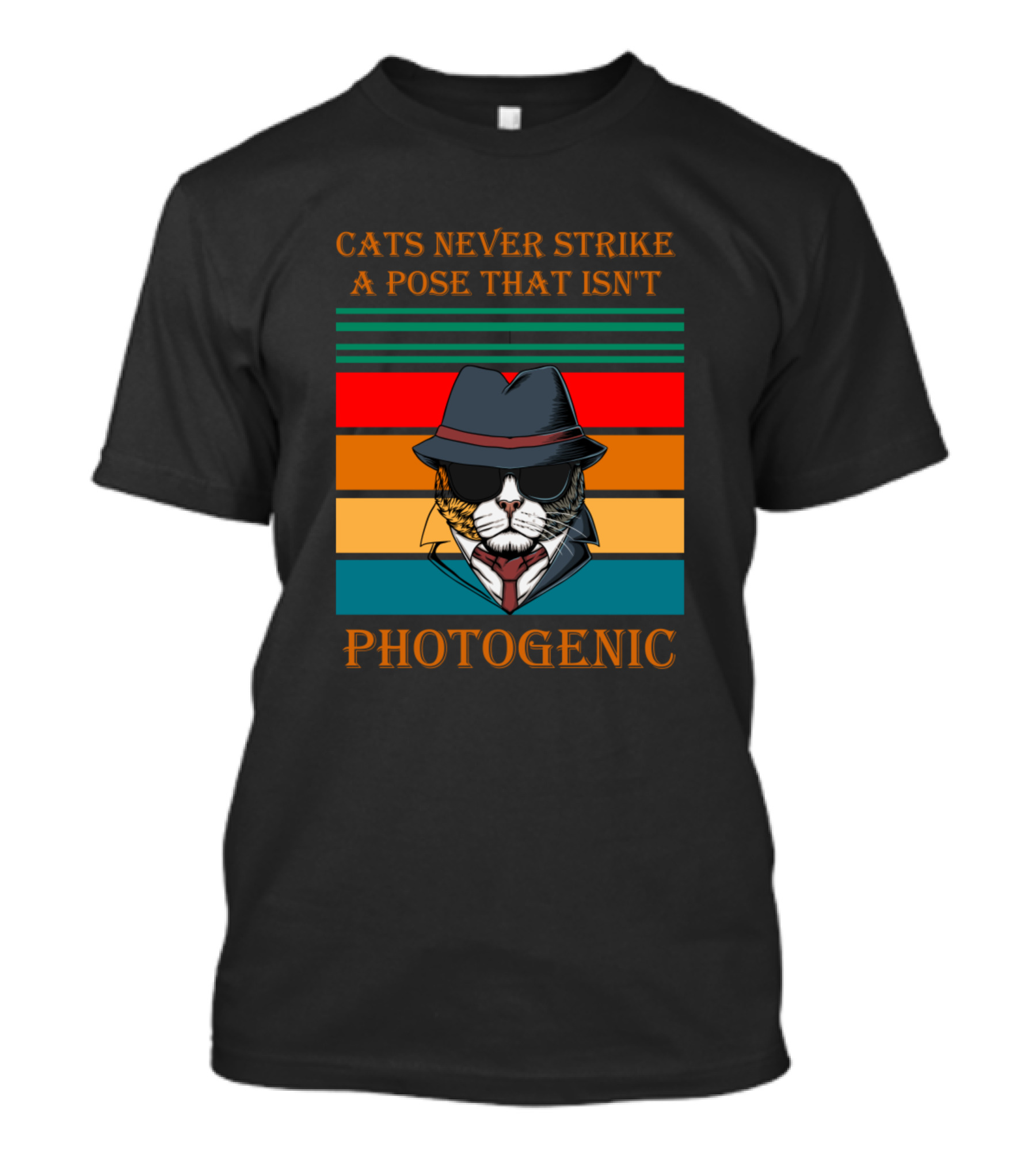 Cats Never Strike A Pose That Isn't Photogenic Fedora Sunglasses Retro Stripes T-Shirt