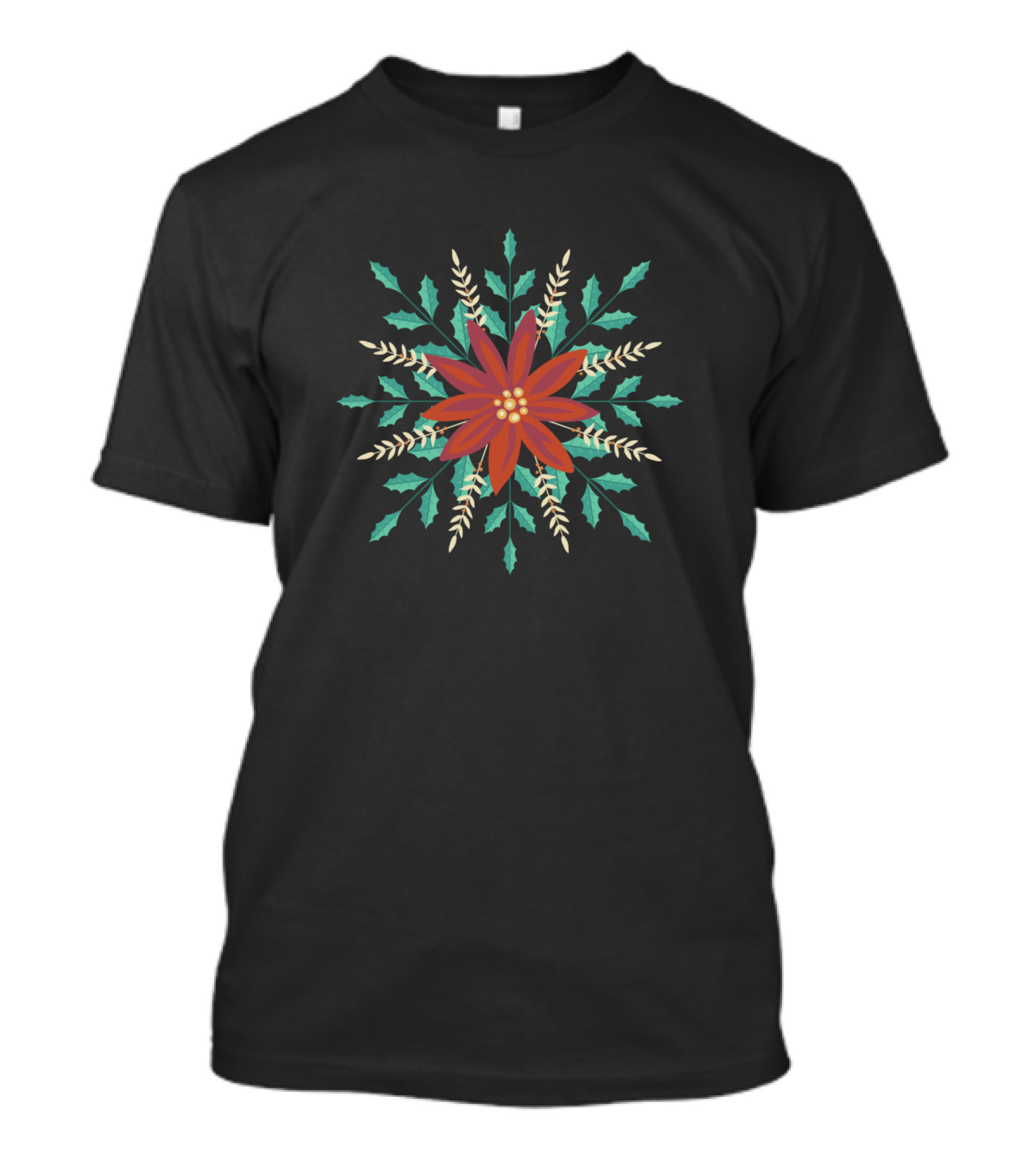 Folk Art Poinsettia Emblem Green Leaves Red Flower T-Shirt
