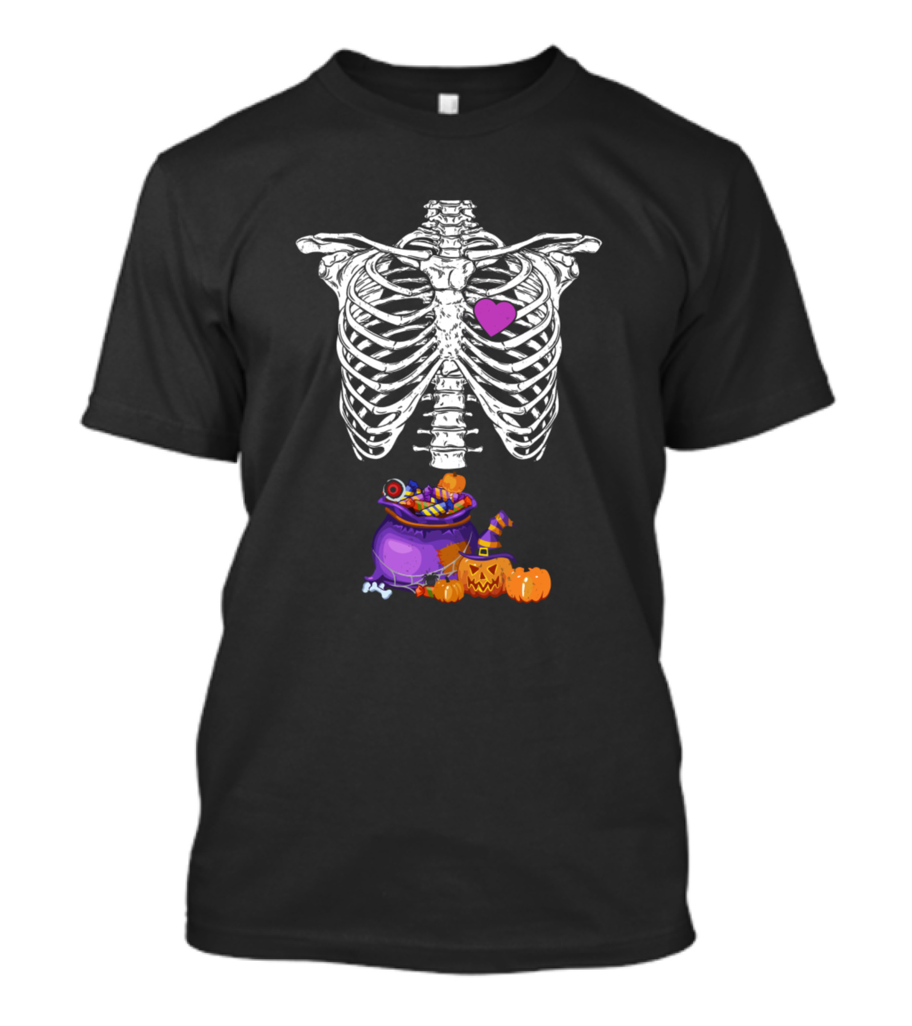 Halloween Candy Skeleton Rib Cage X-Ray With Pumpkins And Purple Heart T-Shirt