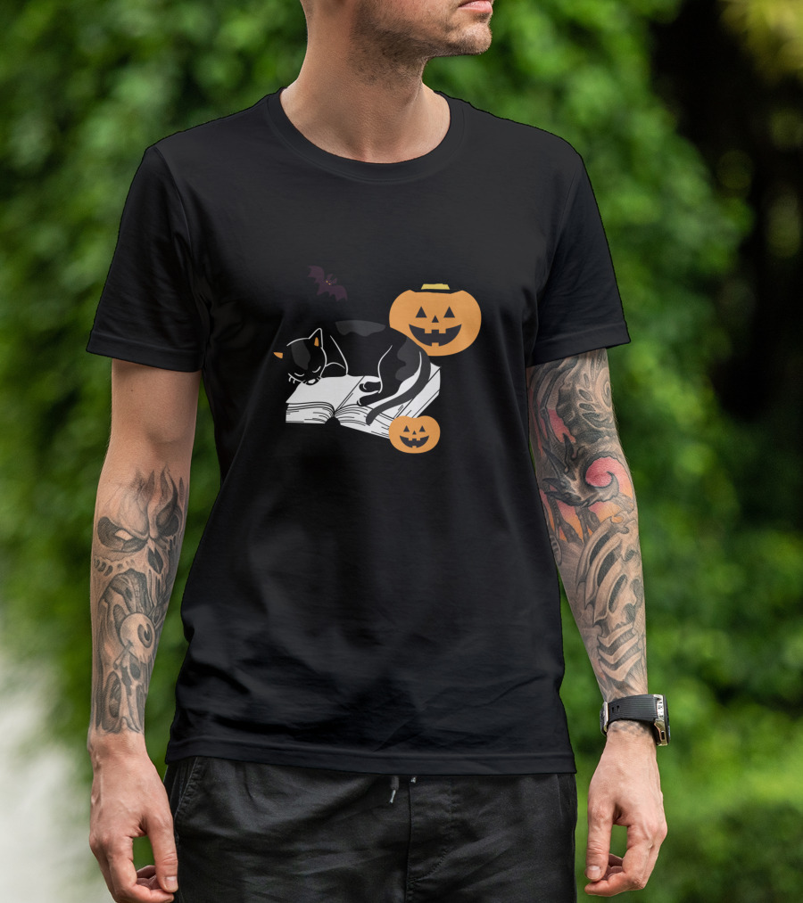 Halloween Cats Books Pumpkins And Bat T-Shirt