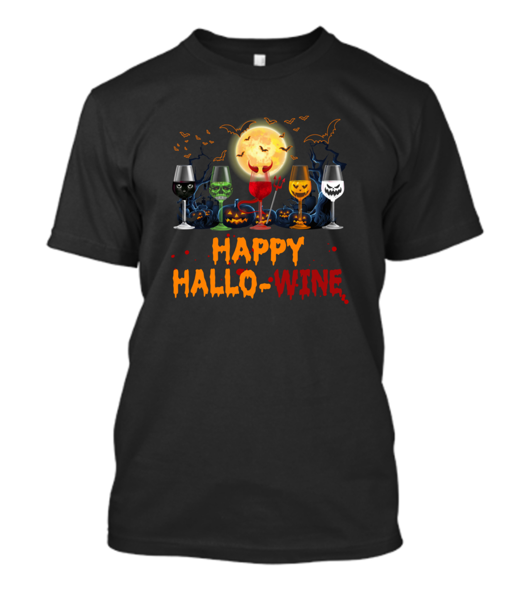 Happy Hallo-Wine Funny Halloween Glasses With Pumpkins And Full Moon T-Shirt