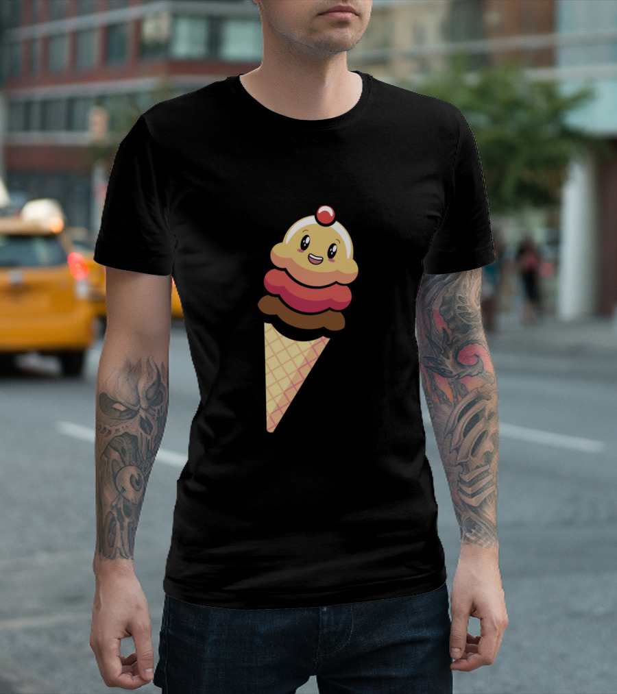 Kawaii Smiling Ice Cream Cone With Cherry Top T-Shirt