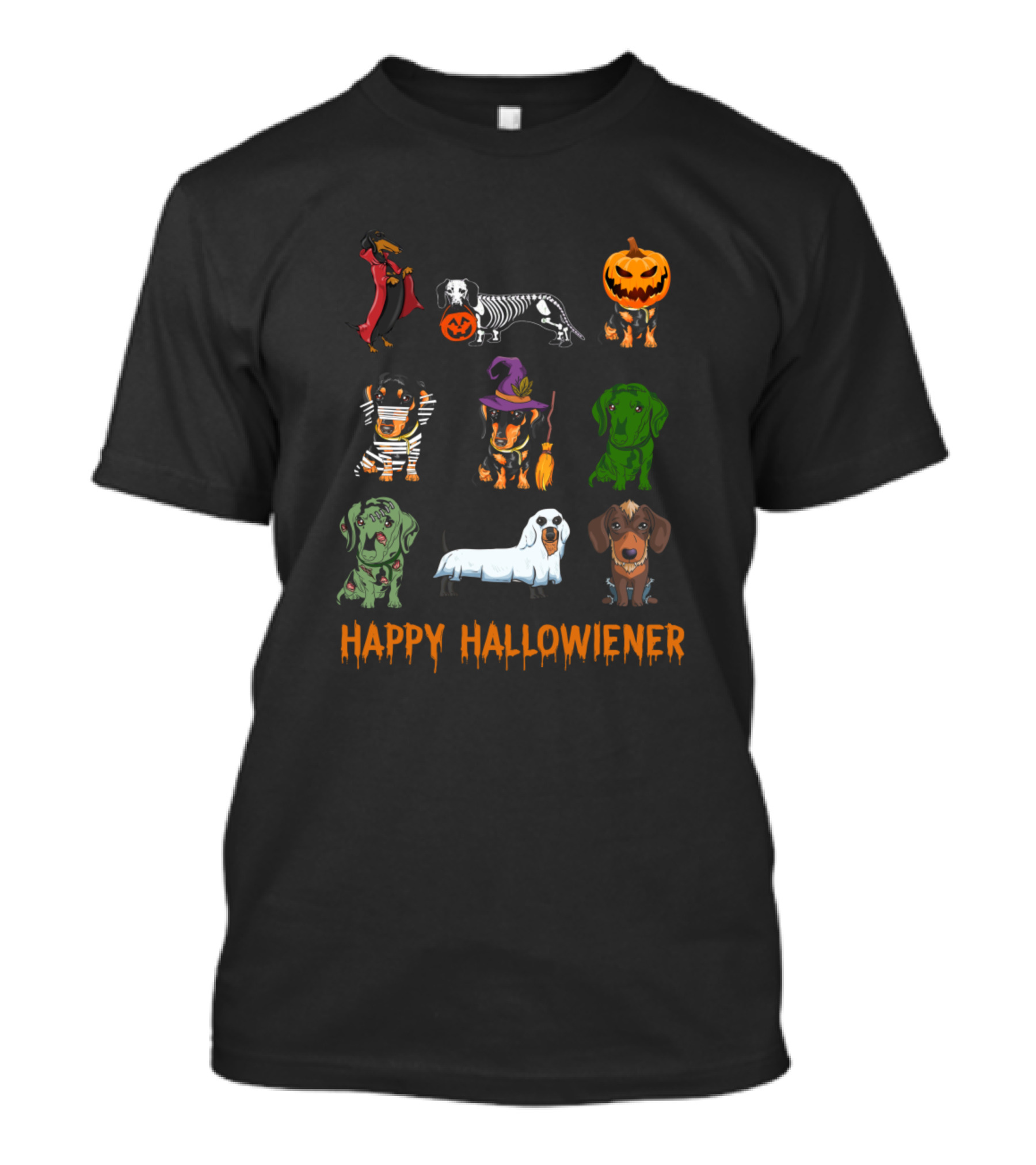 Love Dachshund Skeleton Pumpkin Witch Mummy Ghost Zombies Happy Halloweiner T-Shirt