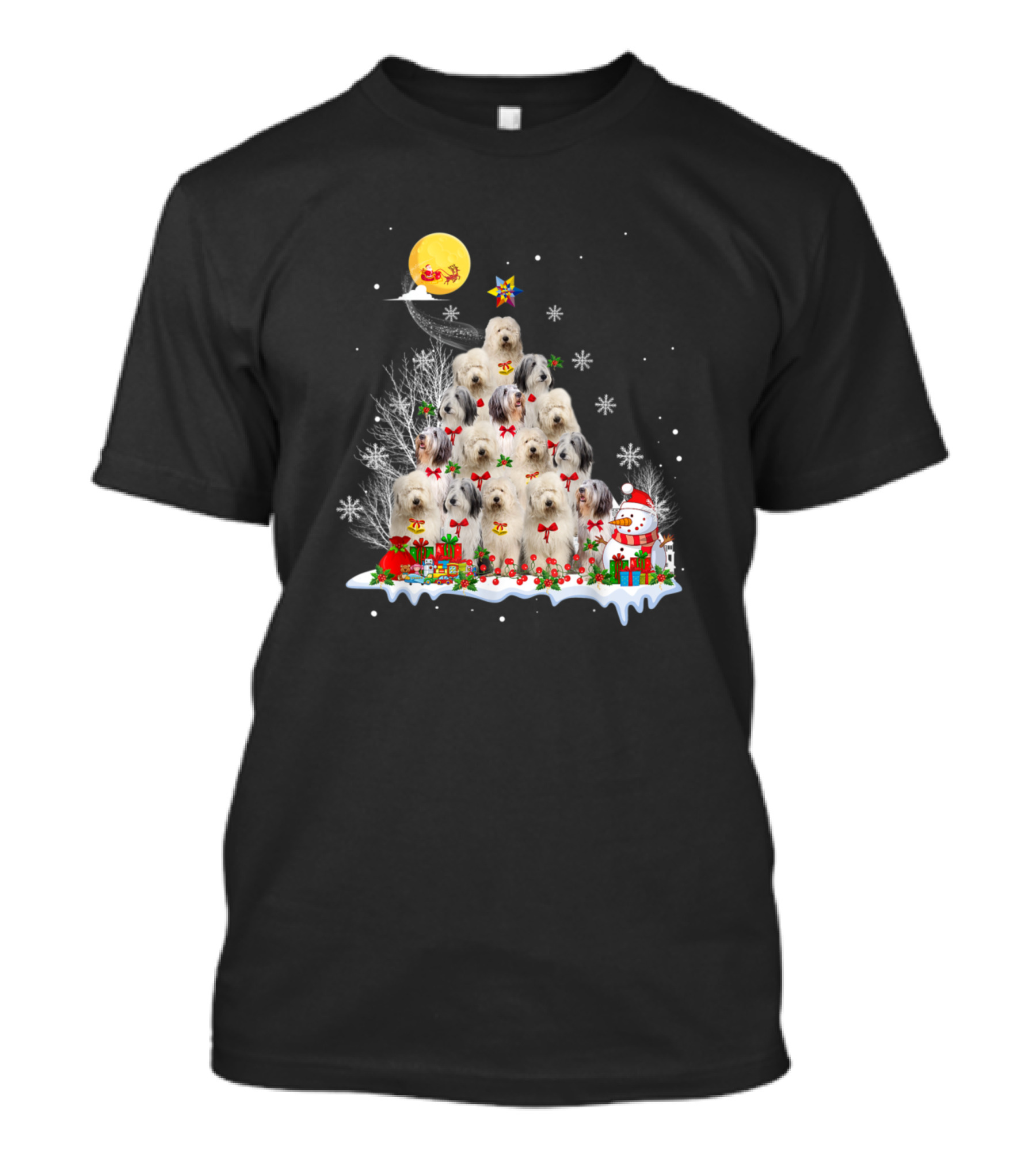 Old English Sheepdog Christmas Tree Reindeer Santa Snowman Pine T-Shirt