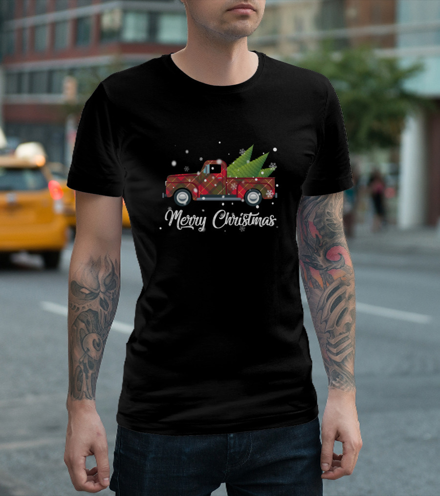 Merry Christmas Vintage Red Plaid Truck with Tree T-Shirt