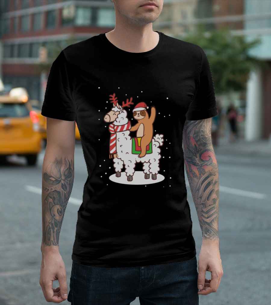 Alpaca Sloth Christmas Ride Snow Santa Hat Scarf T-Shirt
