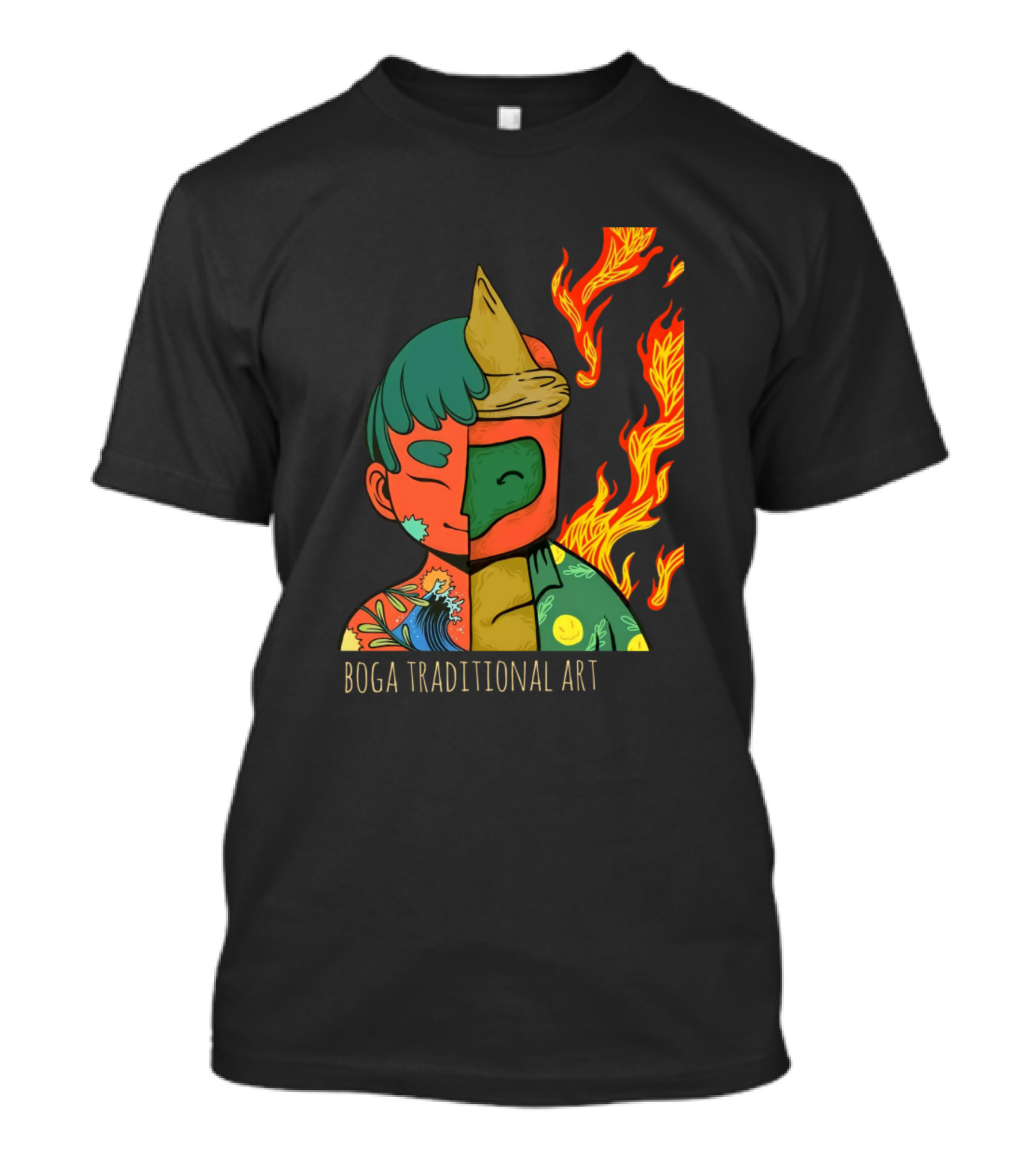 Boga Traditional Art Waves And Fire Split Mask T-Shirt