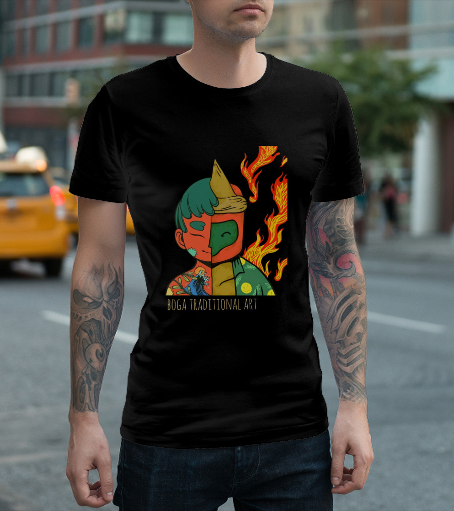 Boga Traditional Art Waves And Fire Split Mask T-Shirt