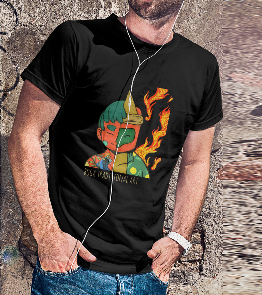 Boga Traditional Art Waves And Fire Split Mask T-Shirt