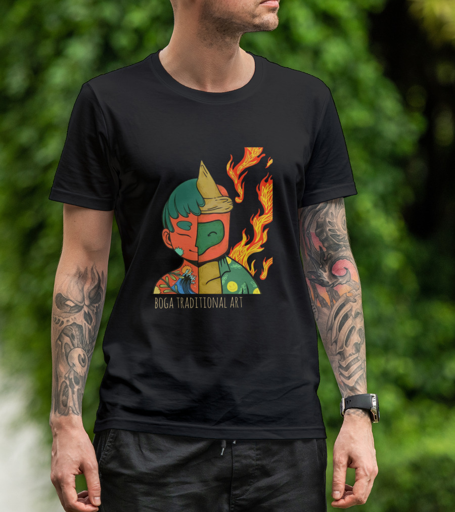 Boga Traditional Art Waves And Fire Split Mask T-Shirt