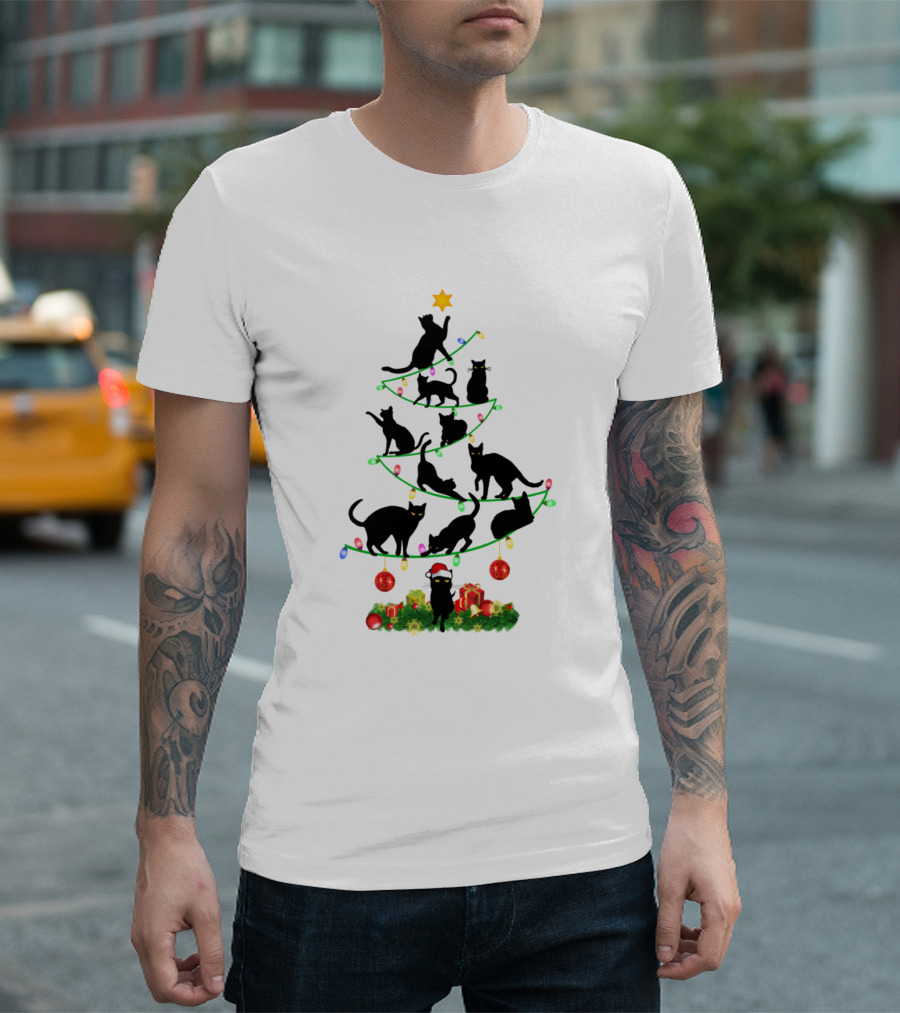 Christmas Meowy Cats Xmas Tree with Black Cat Silhouettes and Holiday Decorations T-Shirt