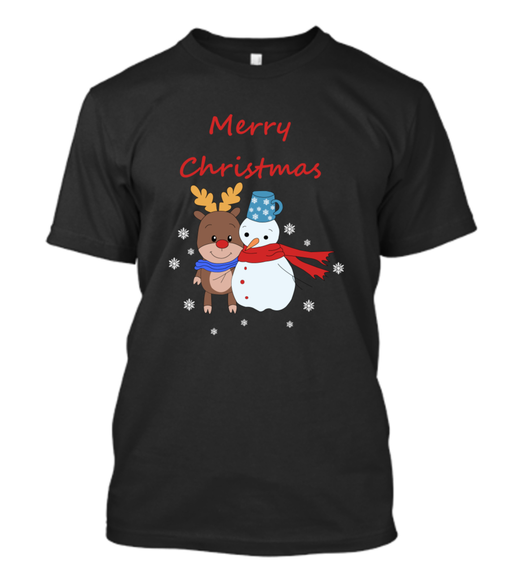 Merry Christmas Reindeer And Snowman With Snowflakes T-Shirt