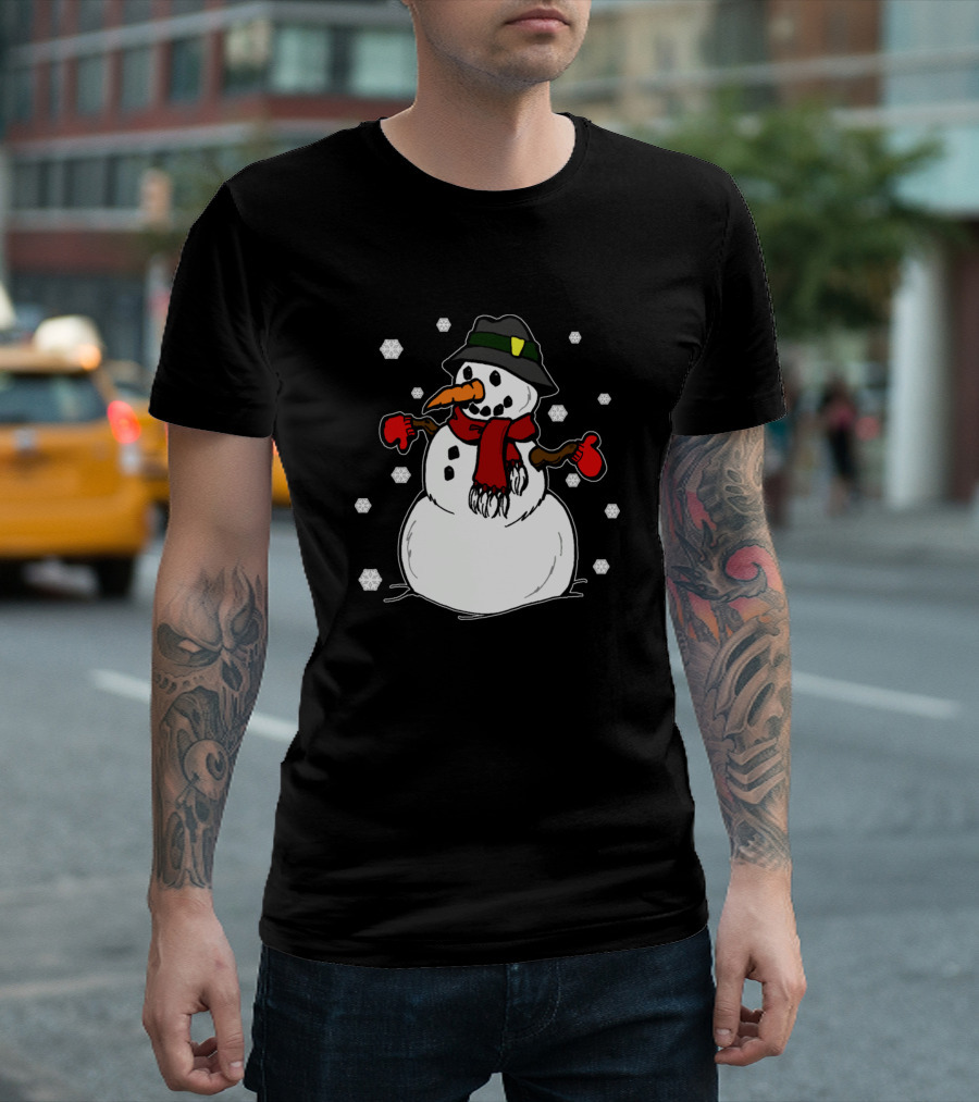 Christmas Snowmen with Red Scarf and Black Hat Surrounded by Snowflakes T-Shirt