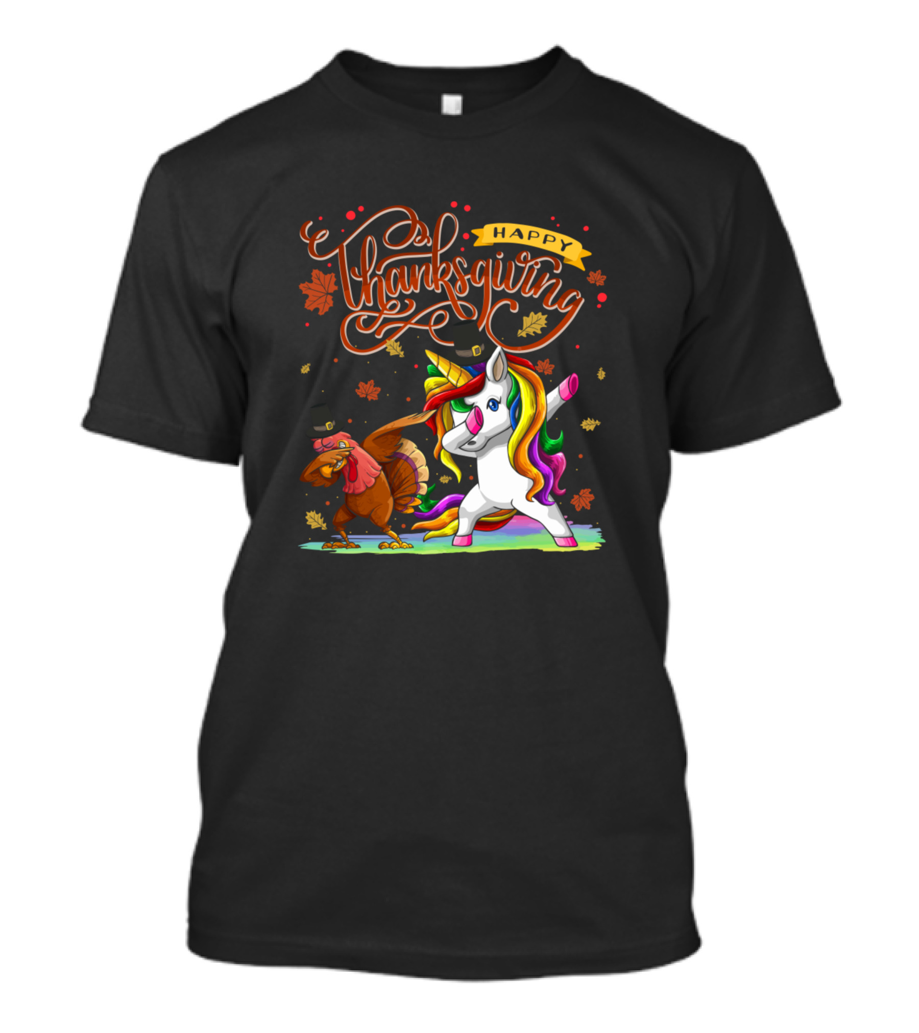 Happy Thanksgiving Dabbing Turkey And Unicorn With Autumn Leaves T-Shirt