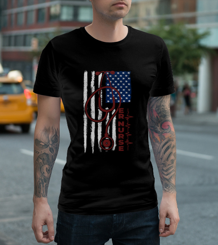 American Flag ER Nurse USA Nurses Stethoscope T-Shirt