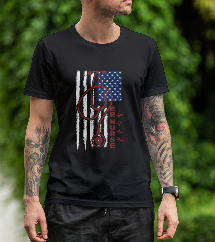 American Flag ER Nurse USA Nurses Stethoscope T-Shirt