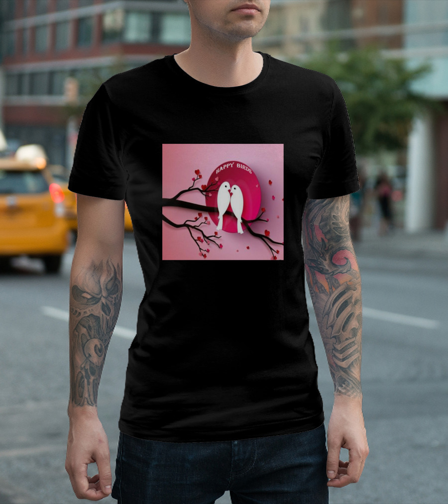 Happy Birds on Branch with Cherry Blossom Hearts T-Shirt