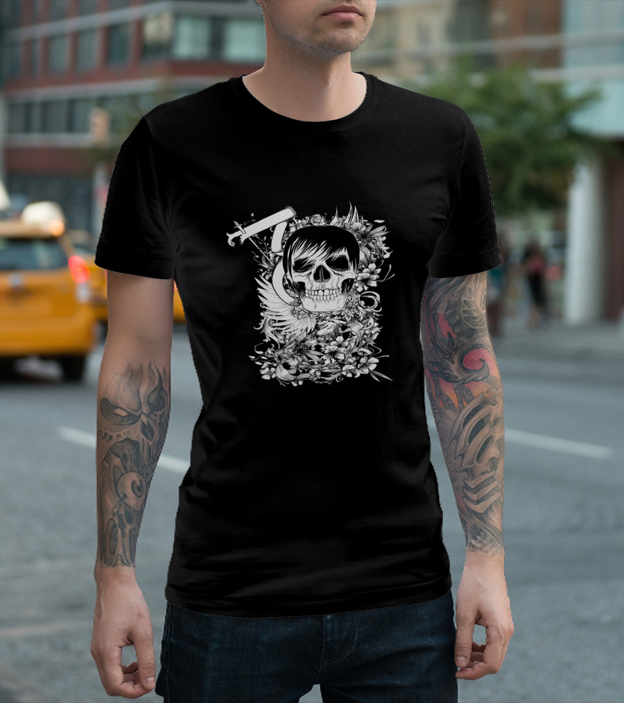 Boy in Skull with Sword and Floral Elements T-Shirt