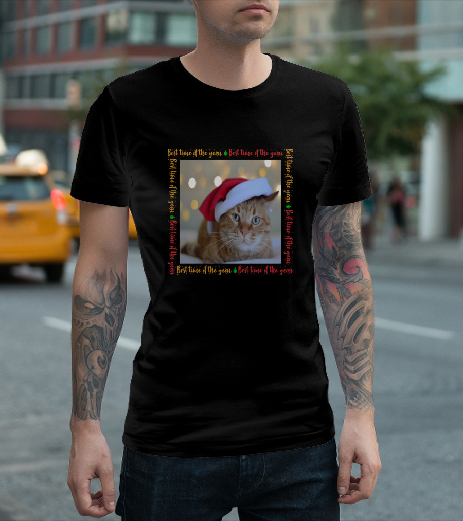Christmas Cat Best Time of the Year Santa Hat Cozy Lights T-Shirt