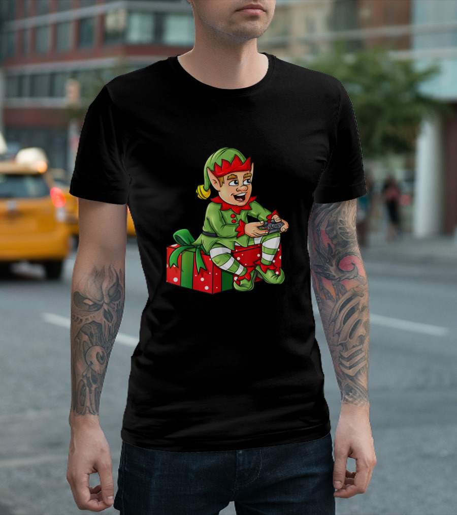 Christmas Elf Playing Video Game Controller on Gift Box Boys T-Shirt