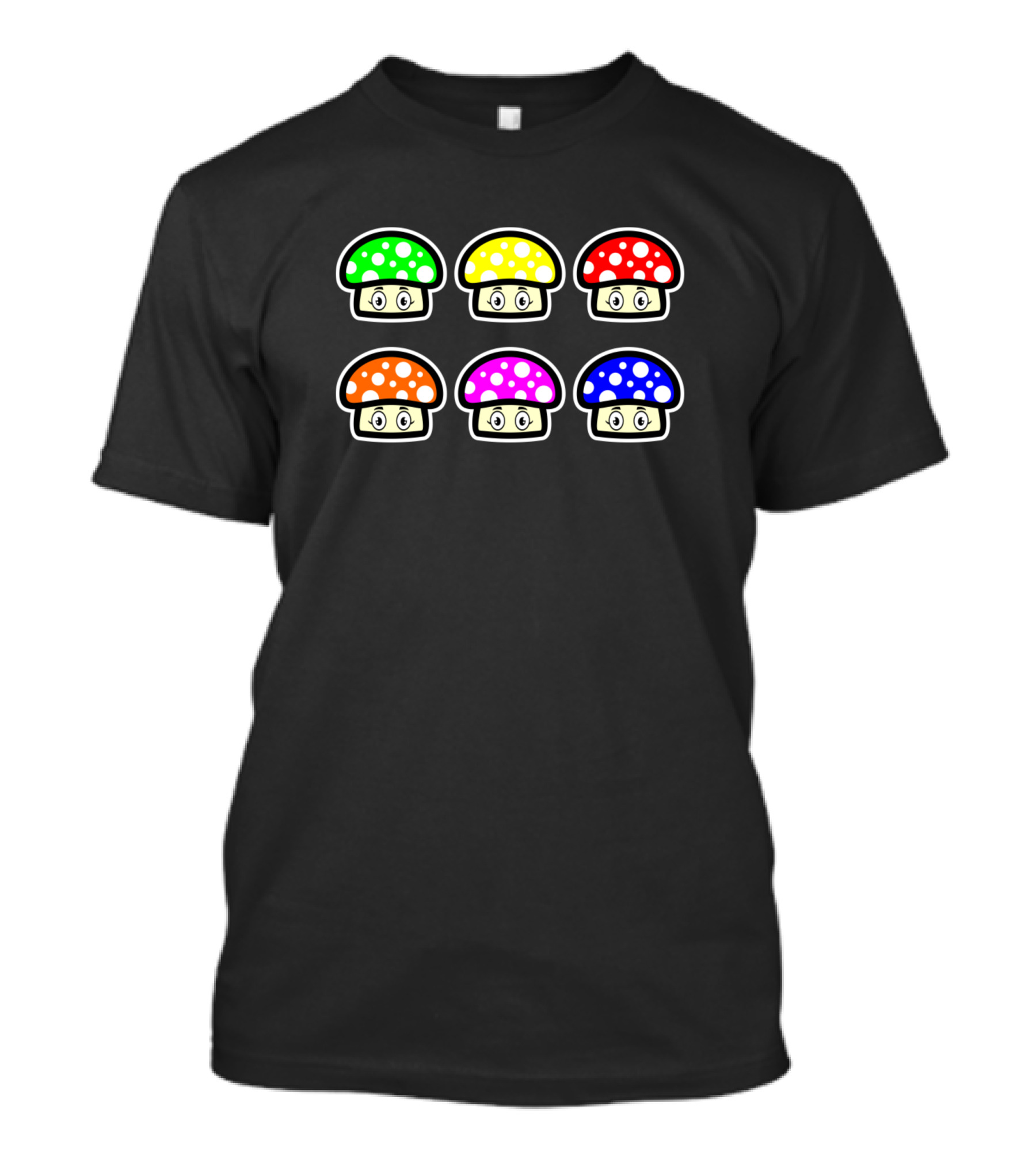 Cute Mushrooms Colorful Faces Green Yellow Red Orange Pink Blue Dots T-Shirt