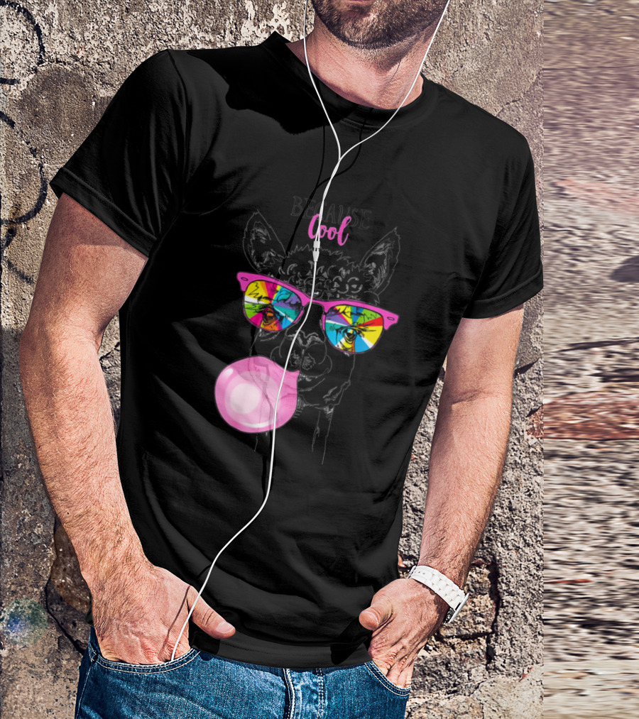 Because Cool Funny Llama In Rainbow Glasses With Pink Bubble Gum T-Shirt