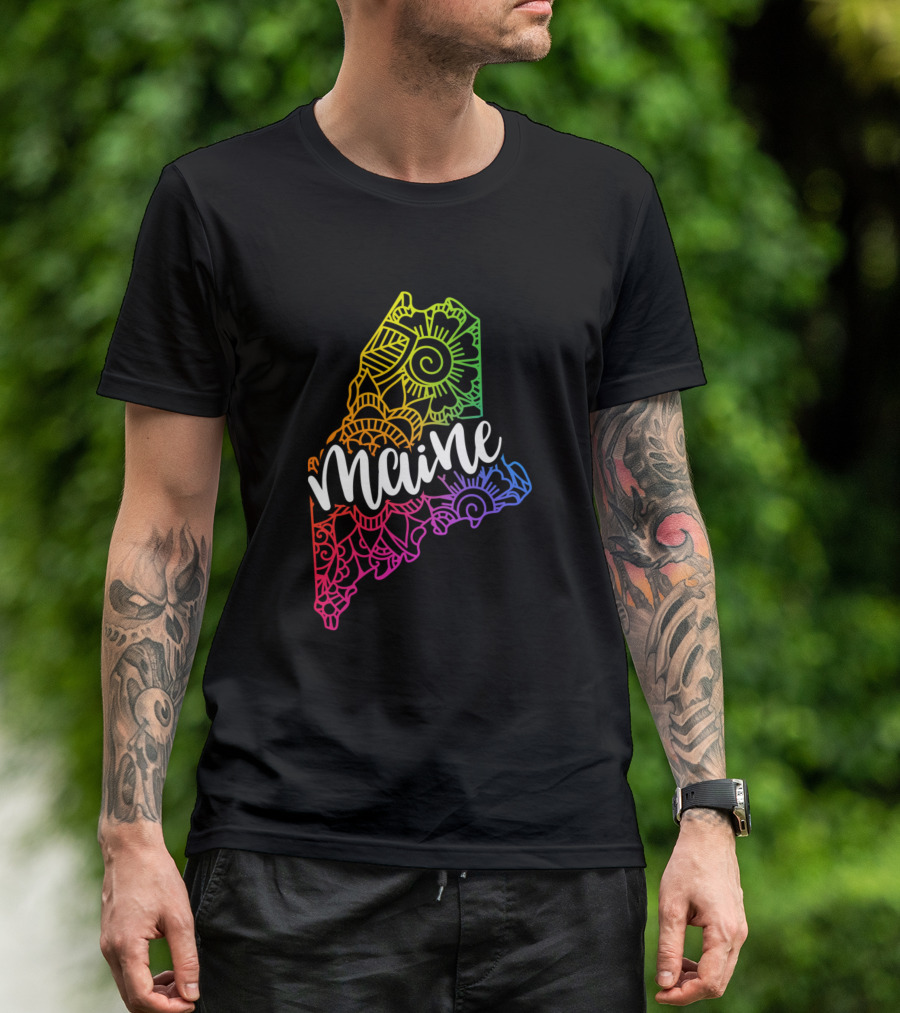 Maine Rainbow Mandala State Outline T-Shirt