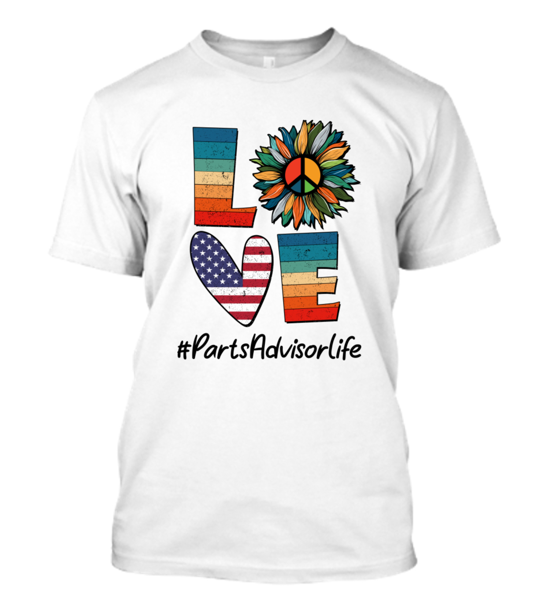Peace Love #PartsAdvisorLife USA Flag Flower Retro T-Shirt