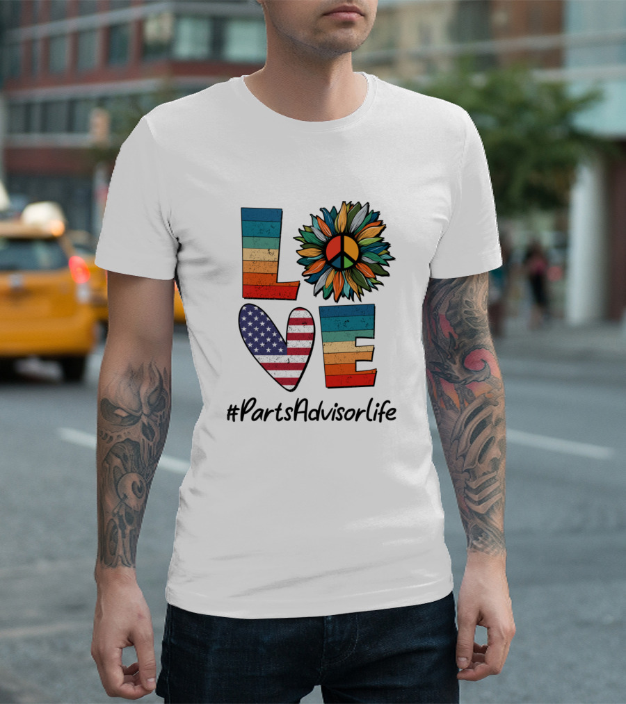 Peace Love #PartsAdvisorLife USA Flag Flower Retro T-Shirt