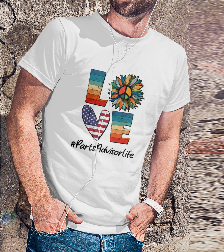 Peace Love #PartsAdvisorLife USA Flag Flower Retro T-Shirt