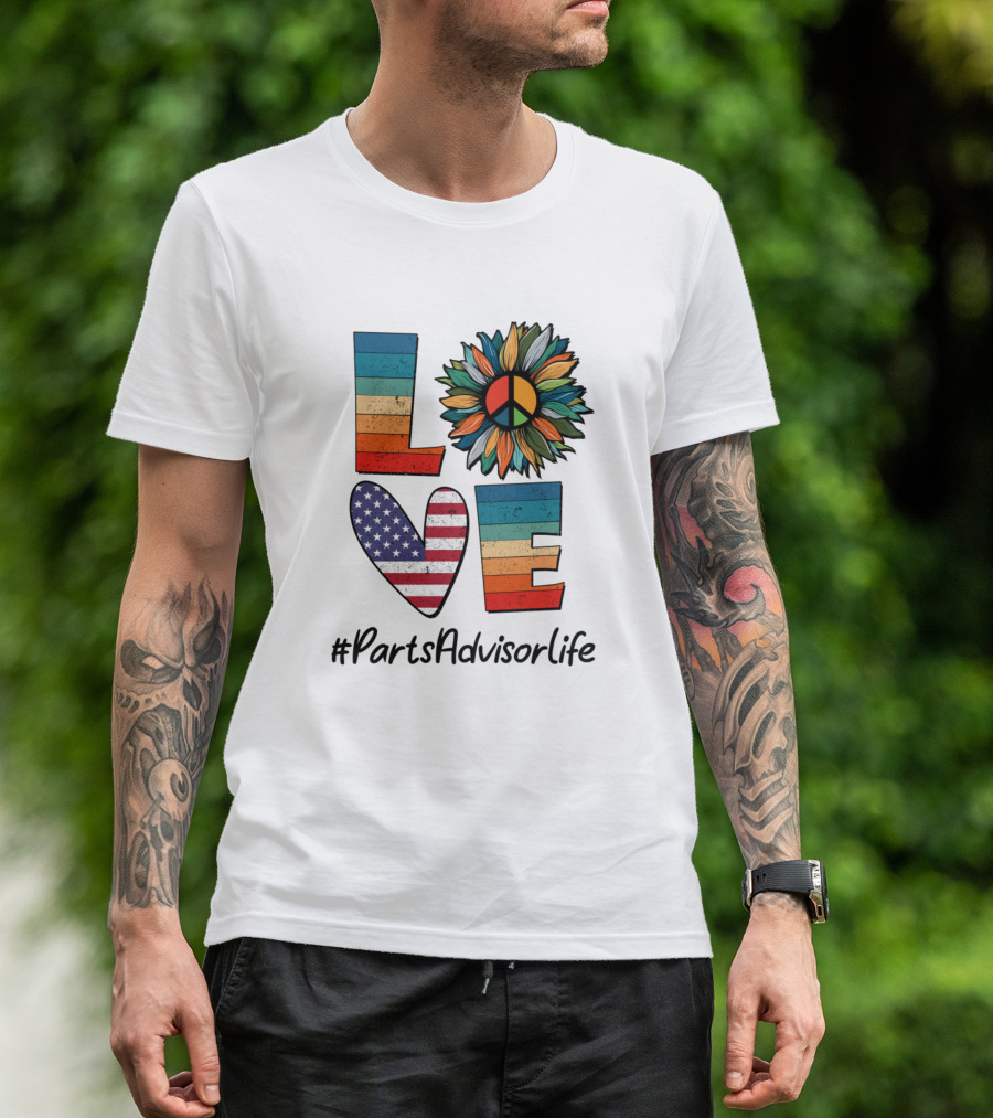 Peace Love #PartsAdvisorLife USA Flag Flower Retro T-Shirt