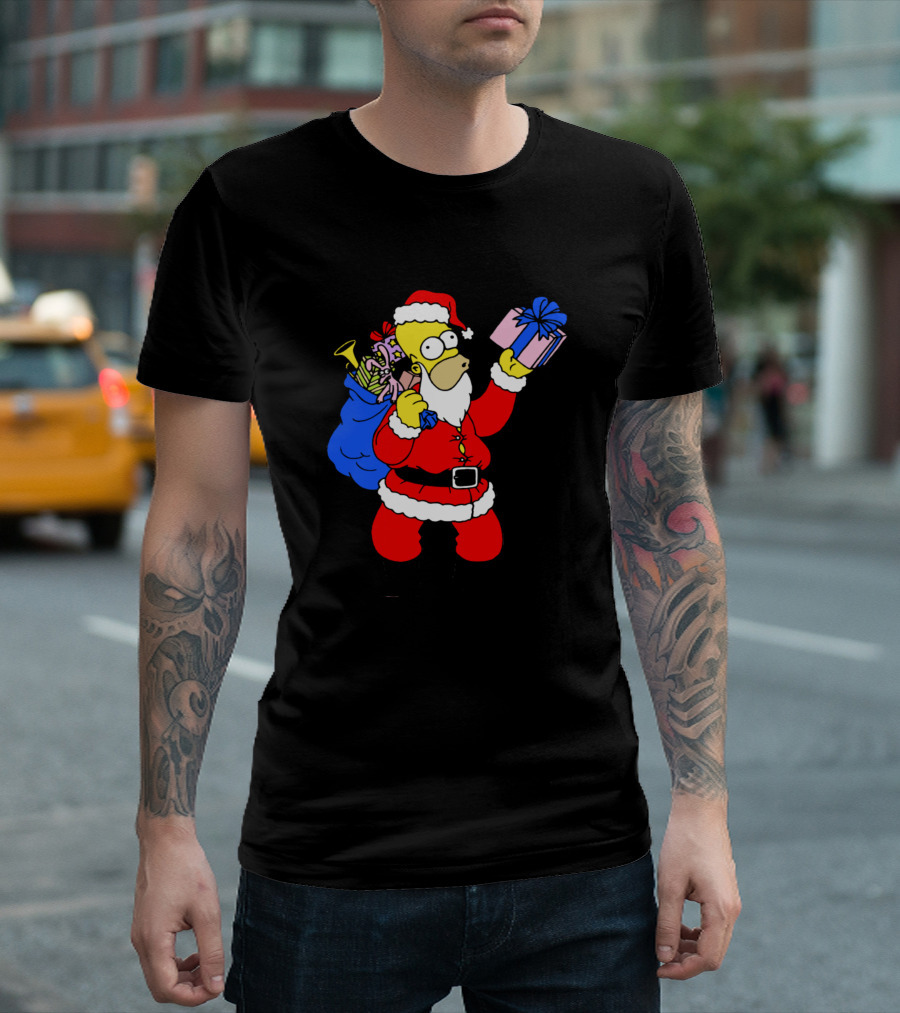 Santa Homer Simpson Carrying Sack and Holding Gift T-Shirt