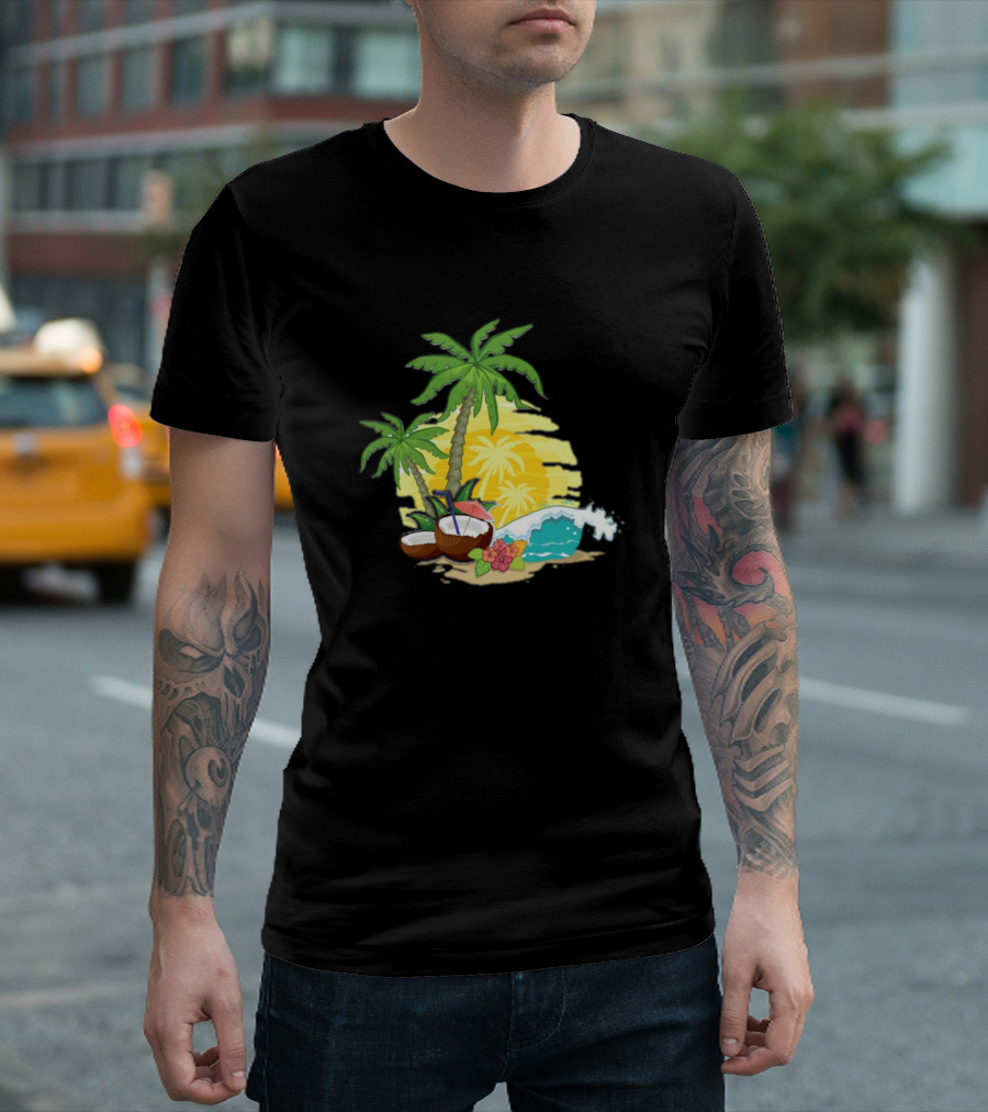 Tropical Sunset with Palm Trees and Ocean Waves T-Shirt